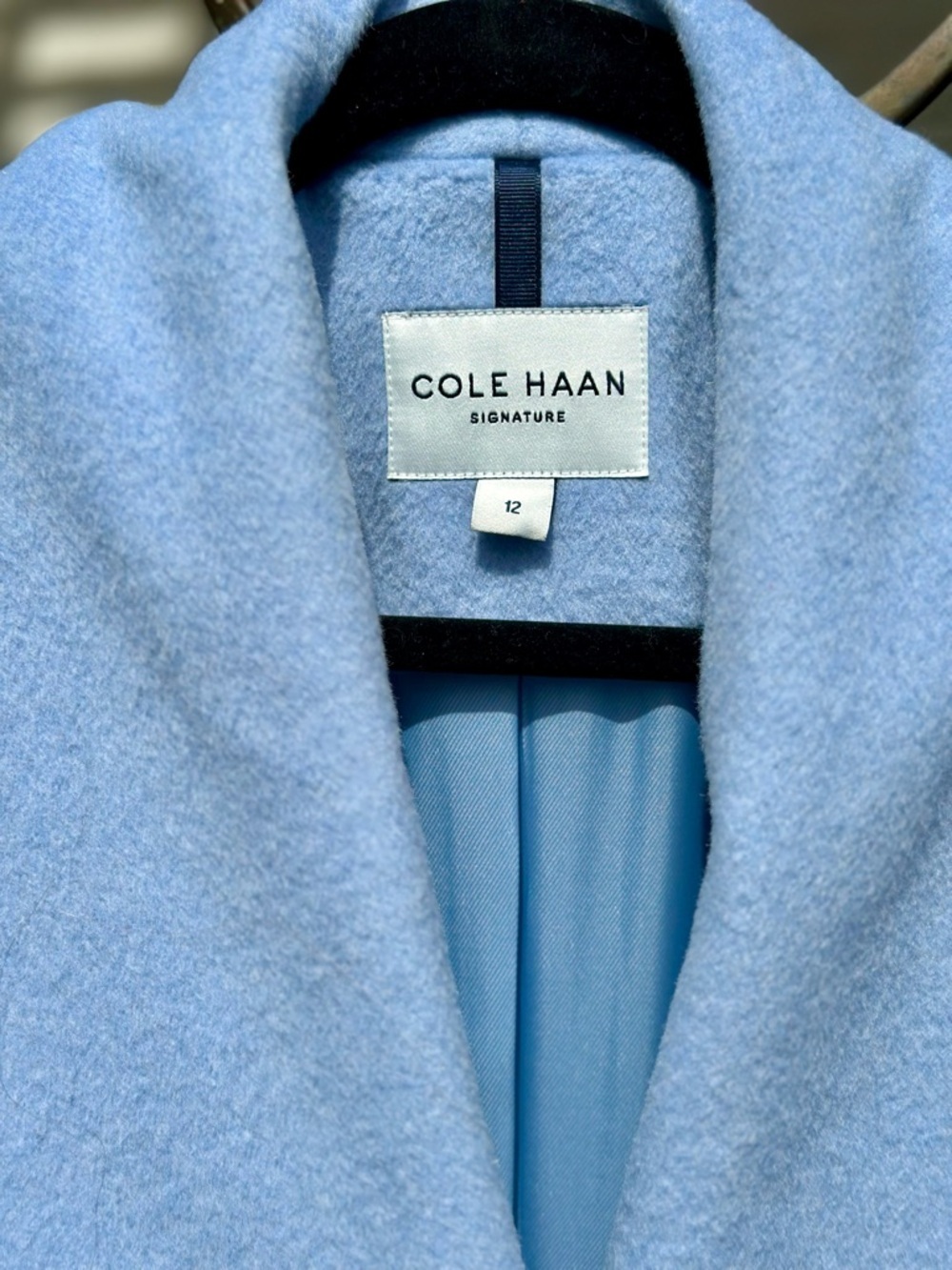 Cole Haan Women’s Pale Blue Wool Blend Lined Draped Shawl Collar Coat - Picture 2 of 16